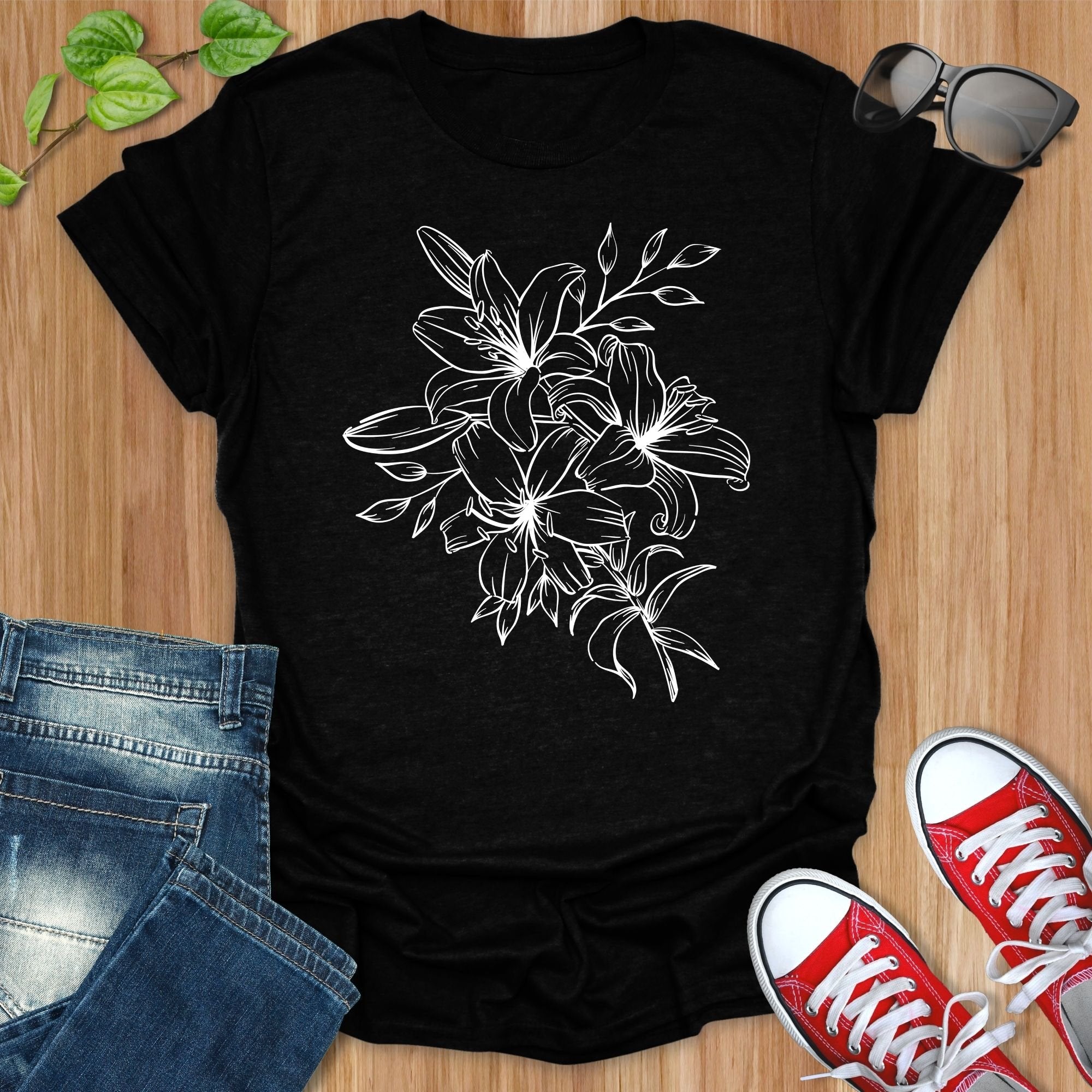 Elegant Floral Graphic Black and White Design T-Shirts - Light Colors /  White / S